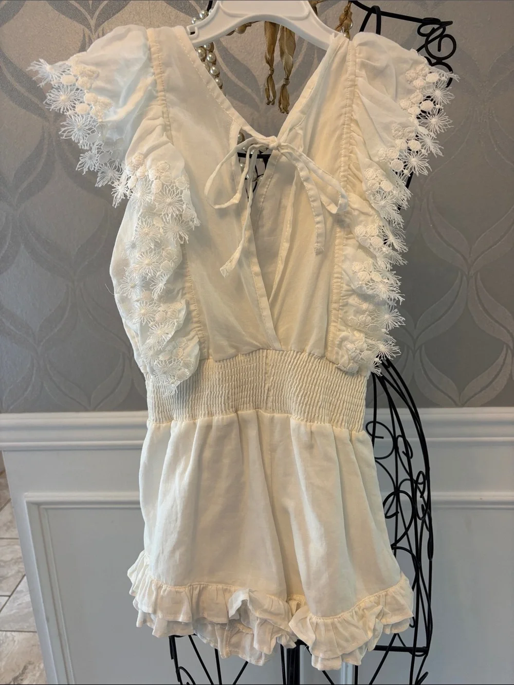 Peixoto Cream Ruffle Lace-Trim Romper